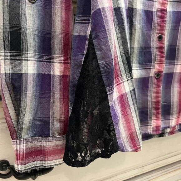 Maurices Premium Purple Plaid Shirt  with Fleur De Lis Embellishments - Picture 6 of 12